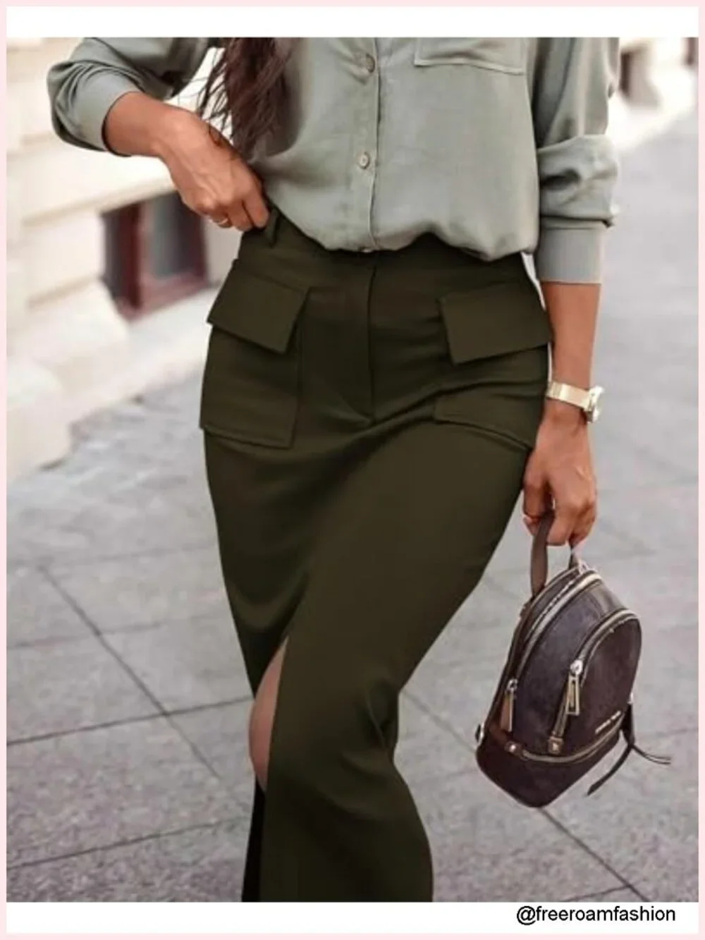 High Waisted Cargo Midi Pencil Skirt with Pockets and Slit